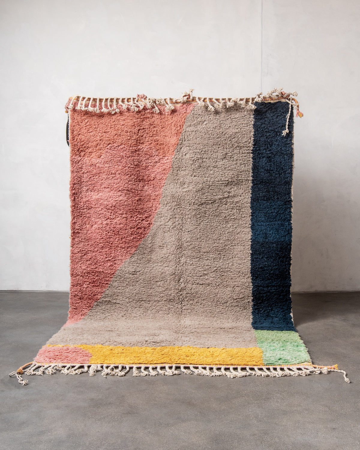Modern, designer, handcrafted Berber rug from Morocco. Beniourain carpet with beautiful colours and patterns and fluffy wool texture.